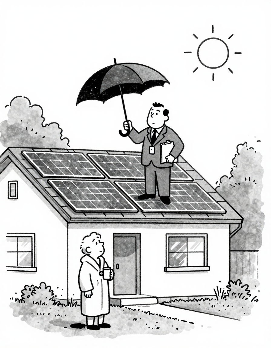 Illustration of a man in a suit with an ID badge standing on a rooftop holding a black umbrella over a row of solar panels to block the sunlight, a clipboard tucked under his other arm, while a confused bystander below looks up holding a mug, under a bright sun.